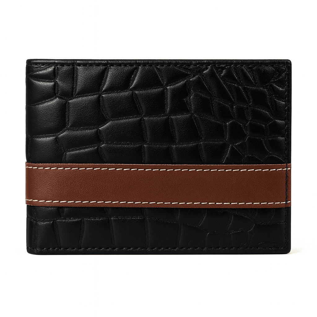 Premium Men’s Croc-Texture Cow Leather Wallet in Black. Slim bifold, durable, stylish daily use wallet from bago.valueshop.me with fast delivery in Lahore Pakistan.