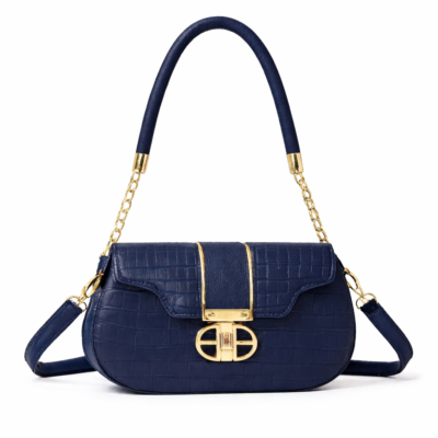 Navy Blue Crocodile Texture Ladies Shoulder Bag with Gold Lock