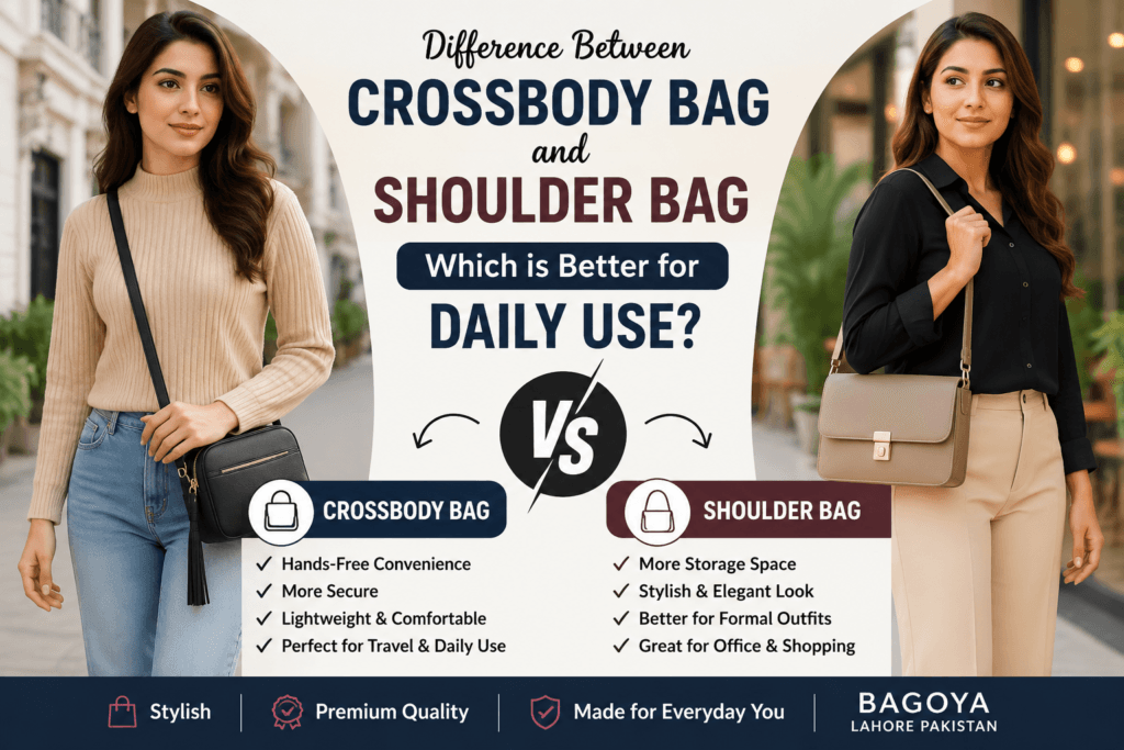 Compare crossbody bags vs shoulder bags for daily use in Pakistan. Discover comfort, style, storage, and fashion tips for women by Bagoya Lahore Pakistan.