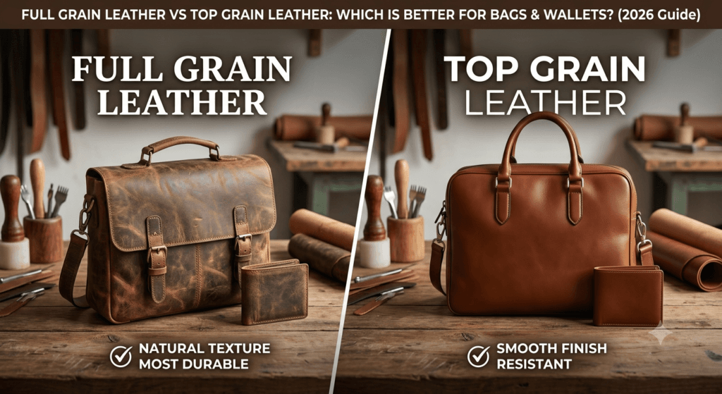 full grain leather, top grain leather, full grain vs top grain leather, real leather bags, genuine leather wallets, leather guide pakistan, leather care tips, bagoya store, pure leather pakistan