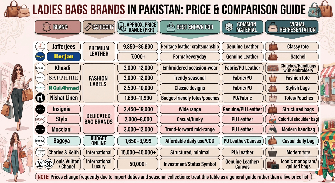 Ladies bags brands in Pakistan price and comparison guide infographic