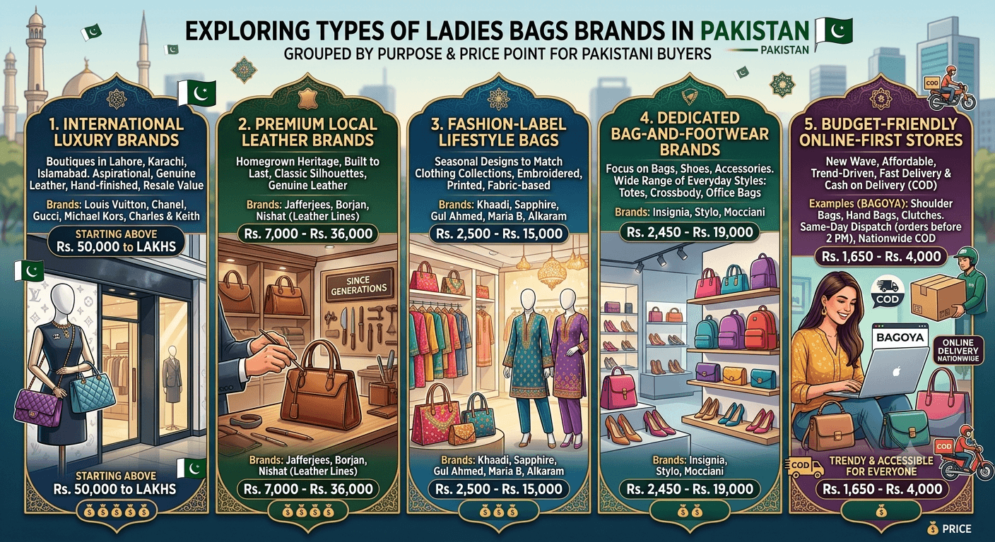 Five categories of ladies bags brands in Pakistan grouped by purpose and price point