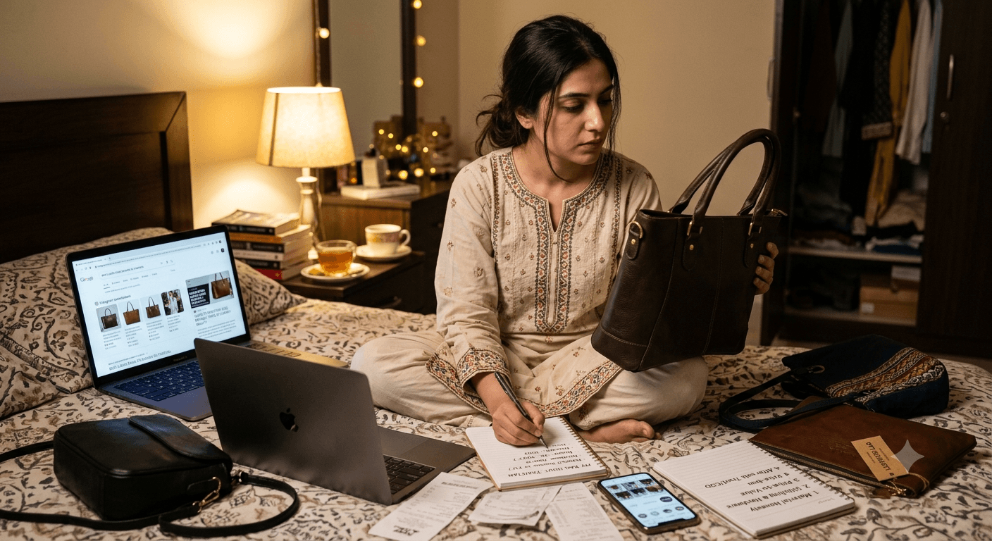 Pakistani woman researching the best ladies bags brands online before buying