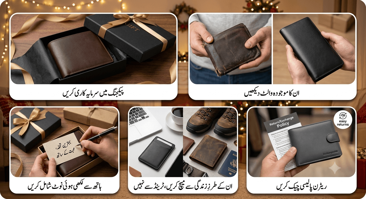 Expert tips for gifting a wallet: invest in packaging, check their current wallet, add a handwritten note, match their lifestyle, and check the return policy