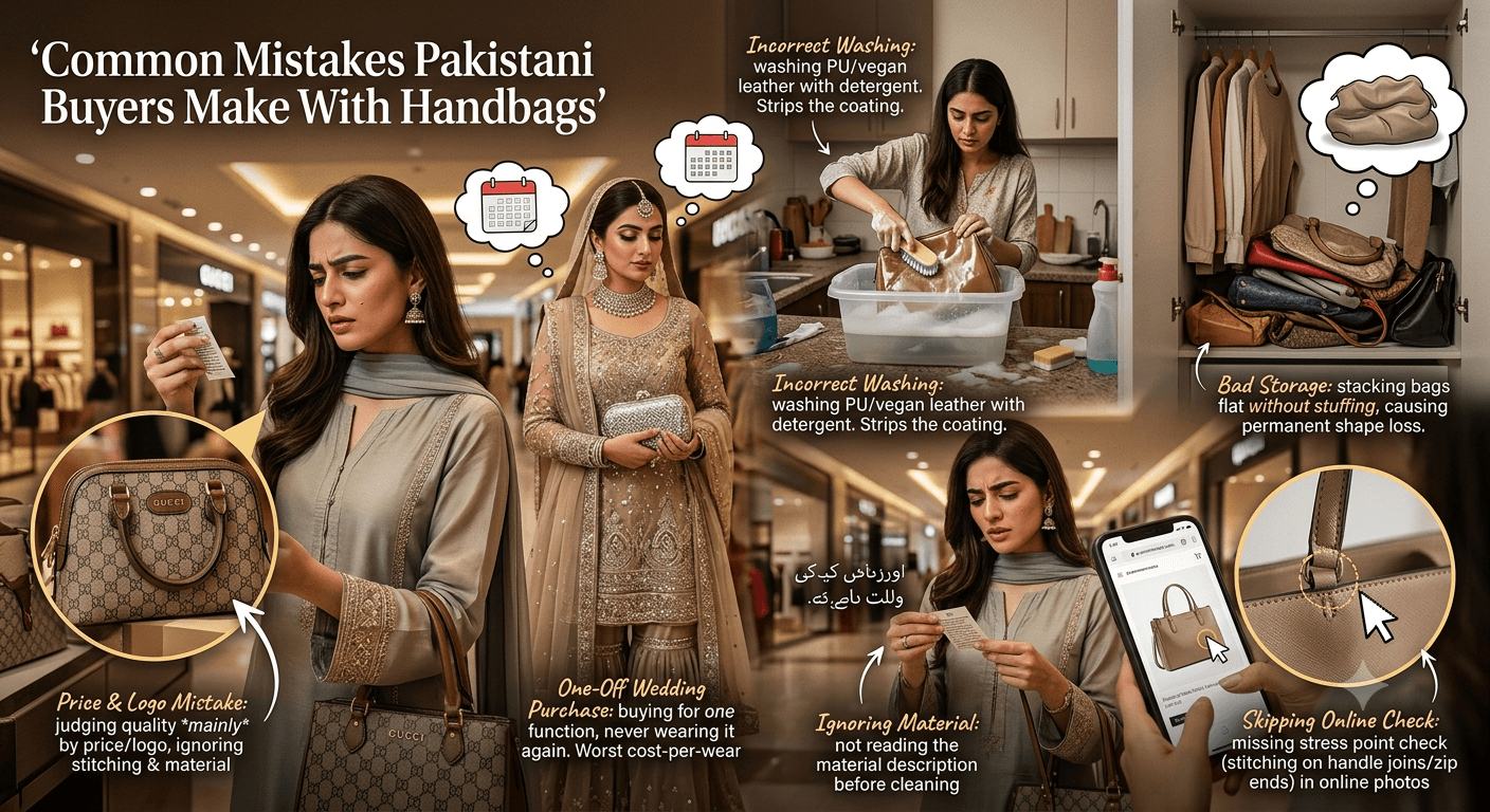 Infographic illustrating common handbag mistakes: judging quality mainly by price and logo, buying a bag for a single wedding function, washing PU or vegan leather incorrectly, poor flat storage without stuffing, ignoring the material description, and skipping a stitching check when buying online