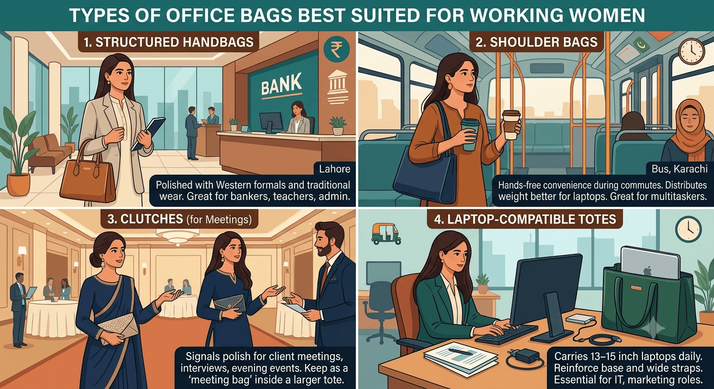 Infographic showing four types of office bags: structured handbags, shoulder bags, clutches, and laptop totes