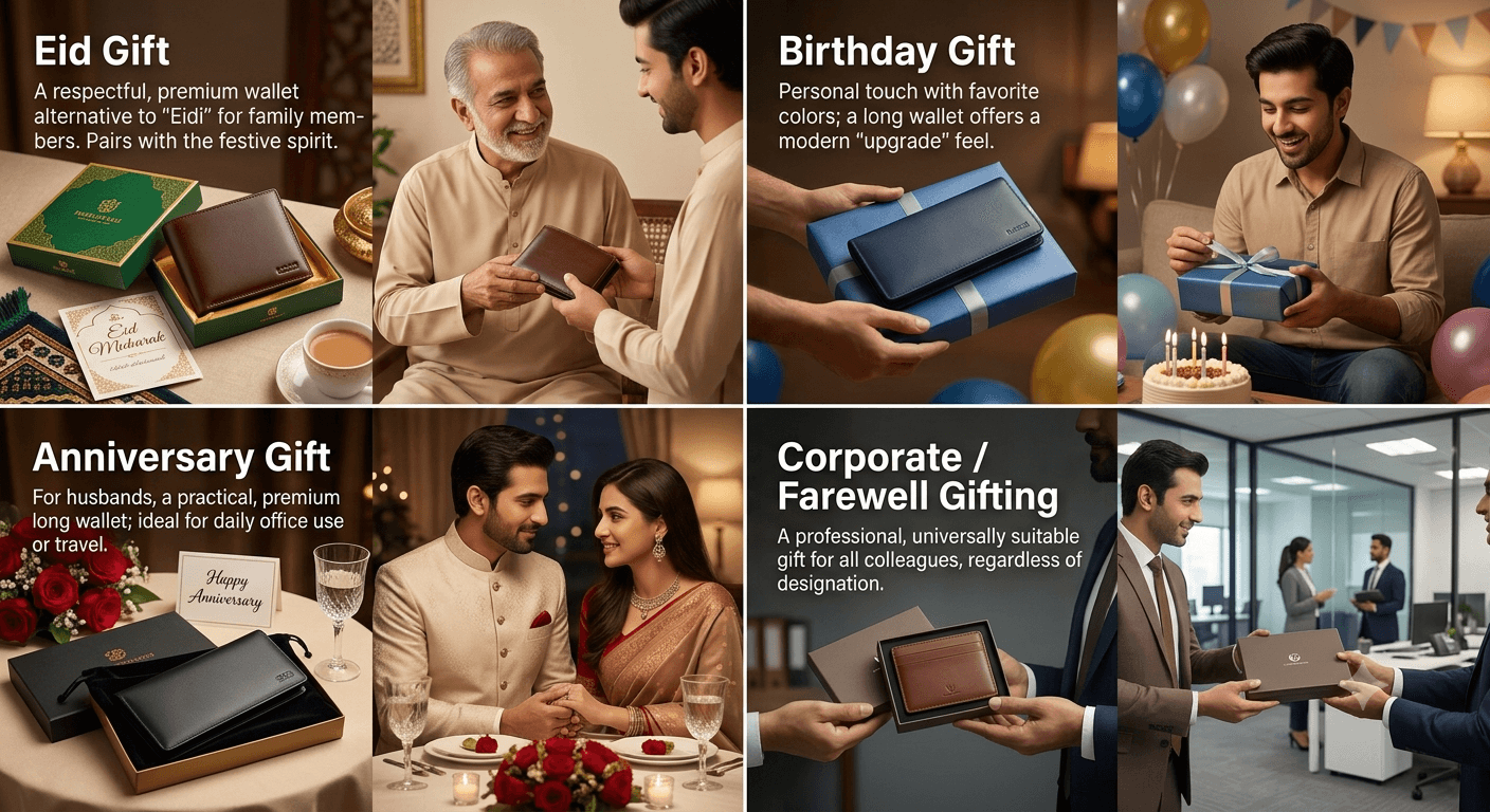 Occasion-wise wallet gifting collage showing Eid gift, birthday gift, anniversary gift and corporate farewell gifting
