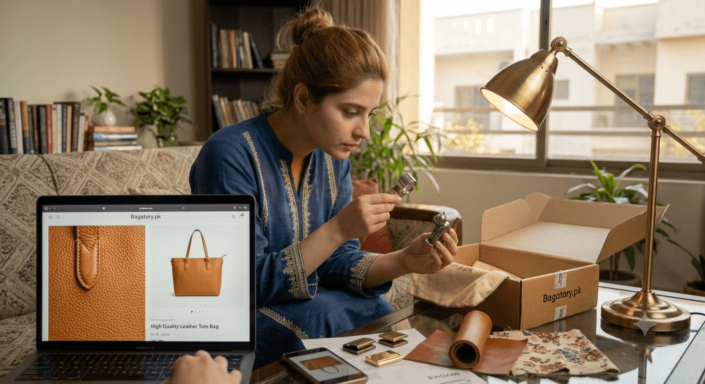 Woman examining a metal cat handle hardware piece with a magnifying glass next to an open Bagatory.pk delivery box and laptop showing leather texture