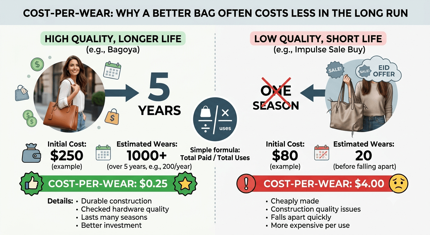 Cost-per-wear comparison graphic contrasting a durable, well-made handbag used for five years against a cheaply made impulse-sale bag that falls apart within weeks, with cost-per-wear worked out for each