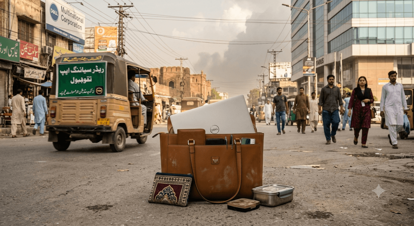 Tan office bag with laptop, prayer mat pouch and lunch box placed on a busy Pakistani street with rickshaw