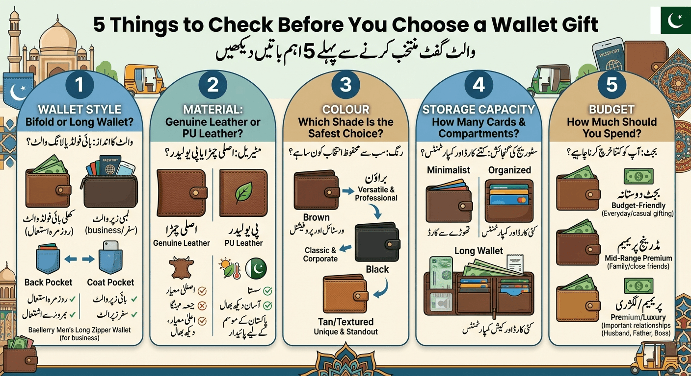 Infographic showing 5 things to check before choosing a wallet gift: style, material, colour, storage capacity and budget