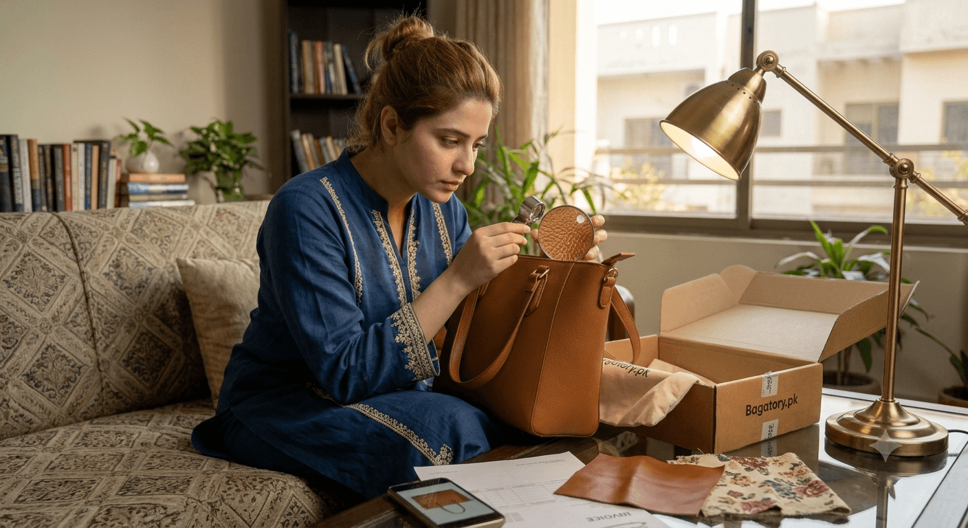 Woman using a magnifying glass to inspect the leather grain texture of a tan handbag before accepting delivery