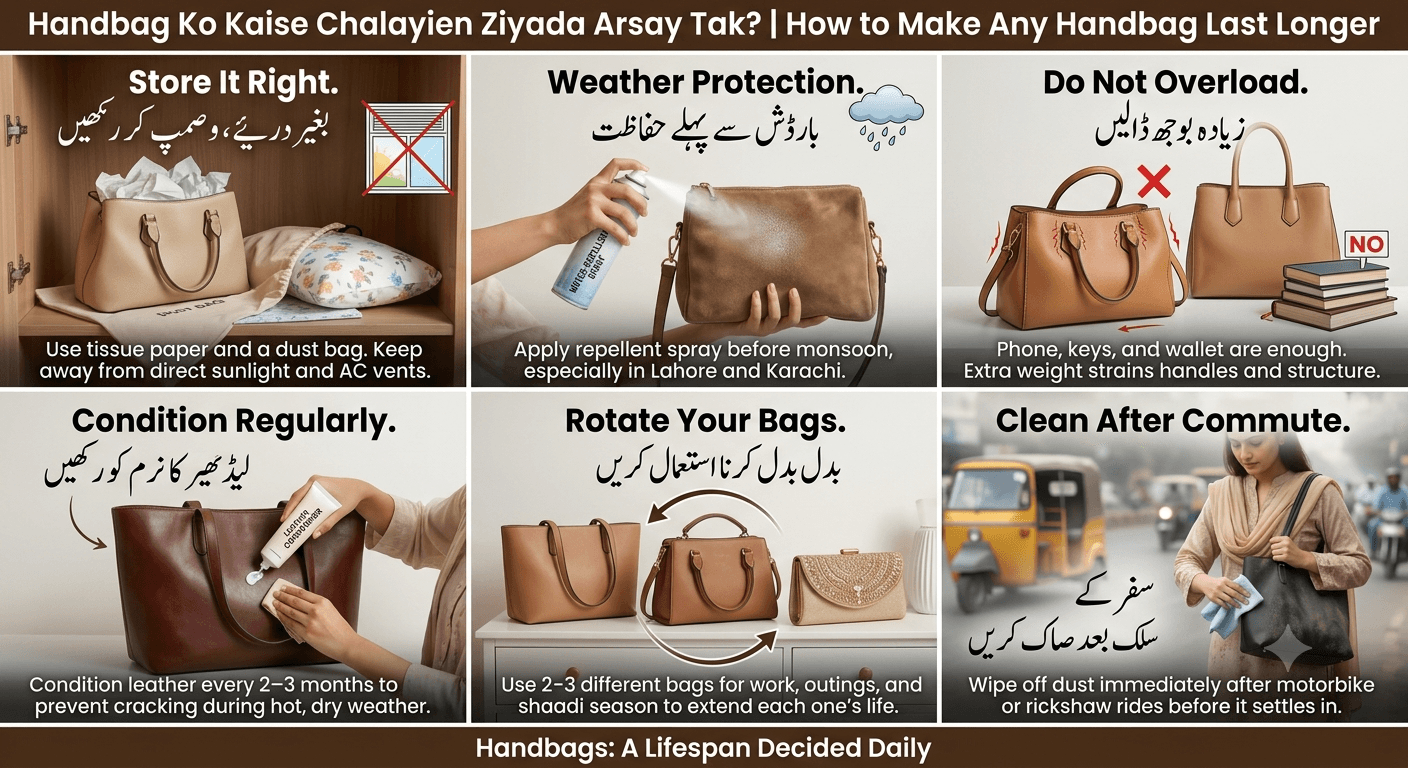 Bilingual Urdu and English infographic showing six handbag care habits: proper storage with a dust bag, weatherproofing spray before monsoon, avoiding overloading, conditioning leather every two to three months, rotating between multiple bags, and cleaning off dust after commutes