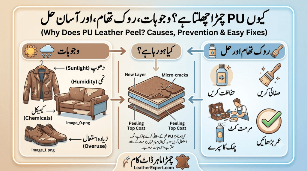 why PU leather peels, fix peeling faux leather, PU leather vs real leather, fake leather flaking fix, how to prevent PU leather peeling, faux leather repair kit, genuine leather bags Pakistan, Bagoya leather, artificial leather care