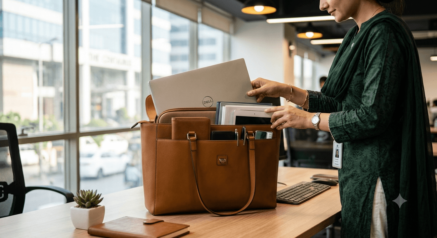 Woman in office packing a laptop, files, and diary into a tan laptop-compatible tote bag