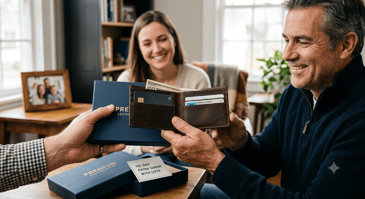 A man happily unwrapping a premium leather wallet gifted to him with a handwritten note