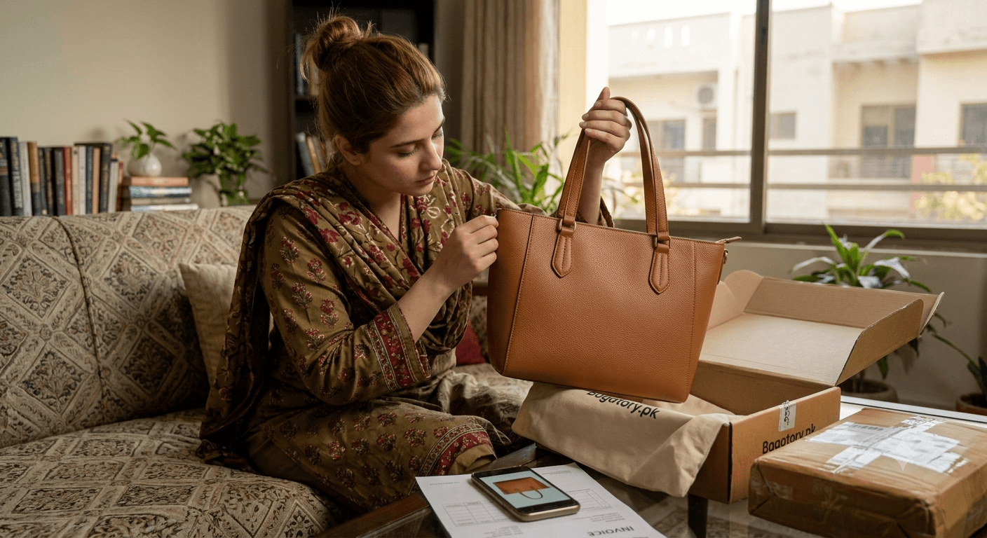 Woman unboxing and inspecting a tan handbag delivered from Bagatory.pk while checking the invoice and packaging