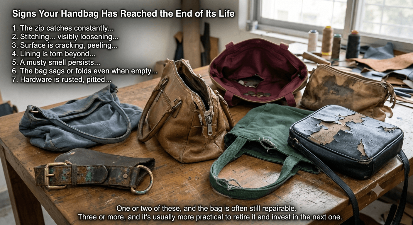 Photograph of several worn-out handbags on a table showing damage such as a torn zip, cracked and peeling surface, worn stitching, and corroded hardware, illustrating signs a handbag needs replacing