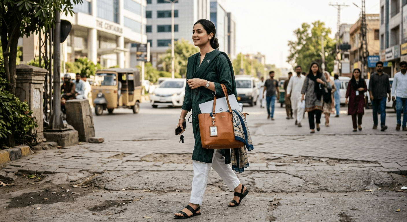 Working woman walking on a Pakistani street carrying a tan office handbag with laptop and ID card