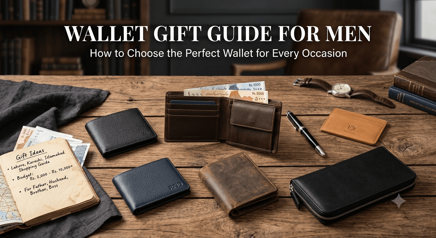 Wallet Gift Guide for Men - a lineup of bifold, long, zipper and card-holder wallets on a wooden table with Pakistani rupee notes