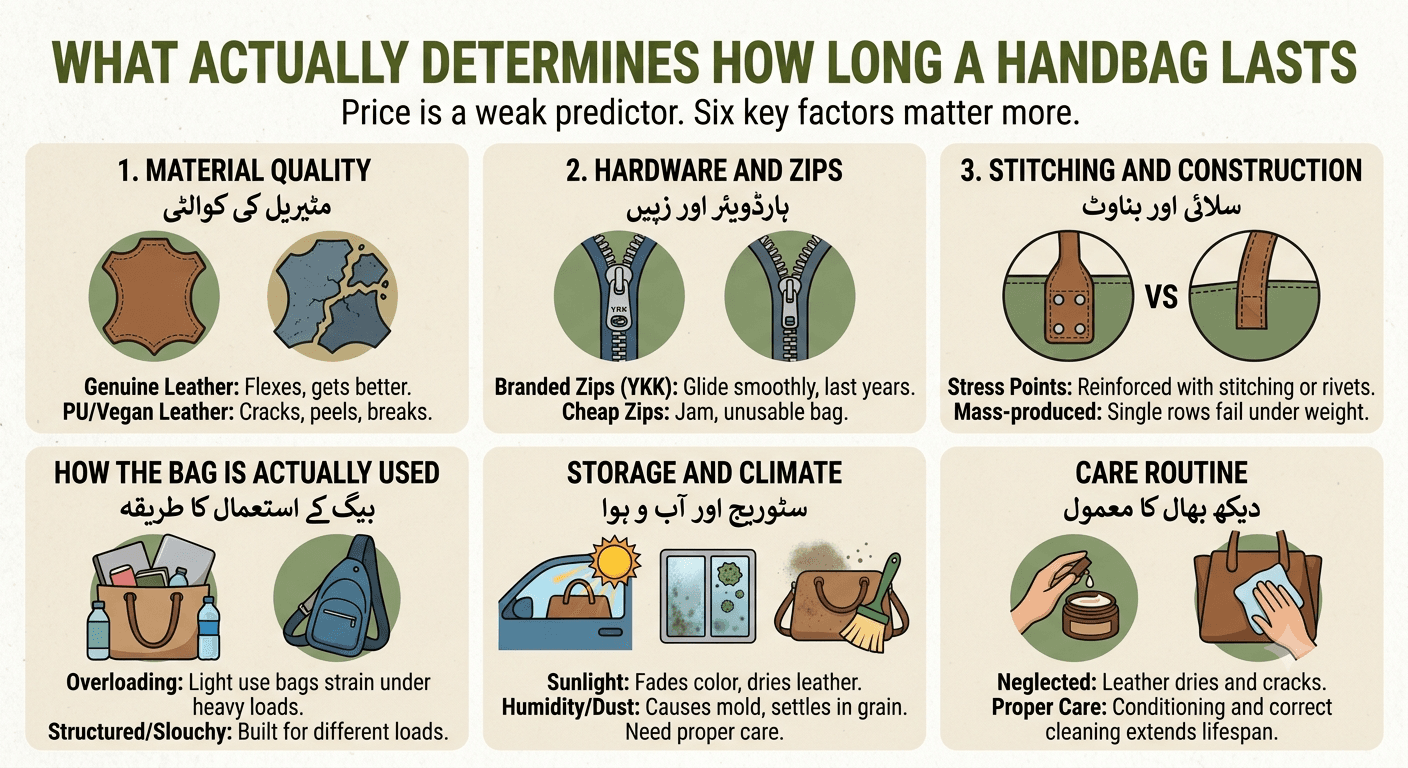 Infographic explaining six factors that determine handbag lifespan: material quality, hardware and zips, stitching and construction, how the bag is used, storage and climate, and care routine, with bilingual English and Urdu labels