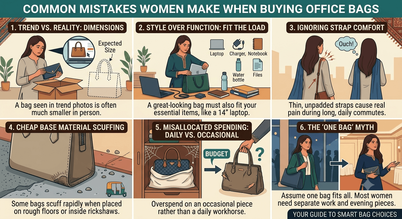 Infographic showing six common mistakes women make when buying office bags in Pakistan
