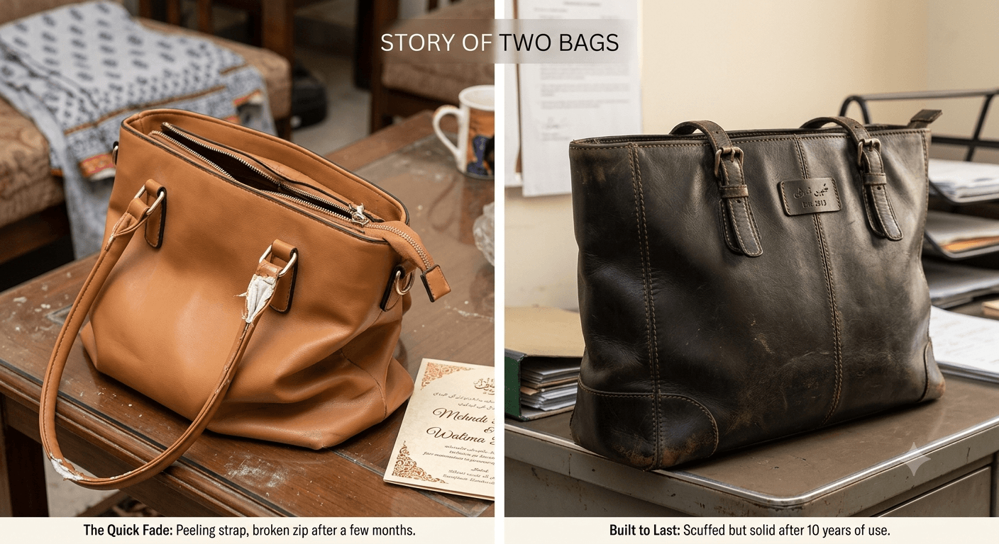 Side-by-side photo comparison of two handbags — a peeling tan faux leather bag with a broken zip after only a few months of use, next to a scuffed but structurally solid brown leather tote still in daily use after ten years