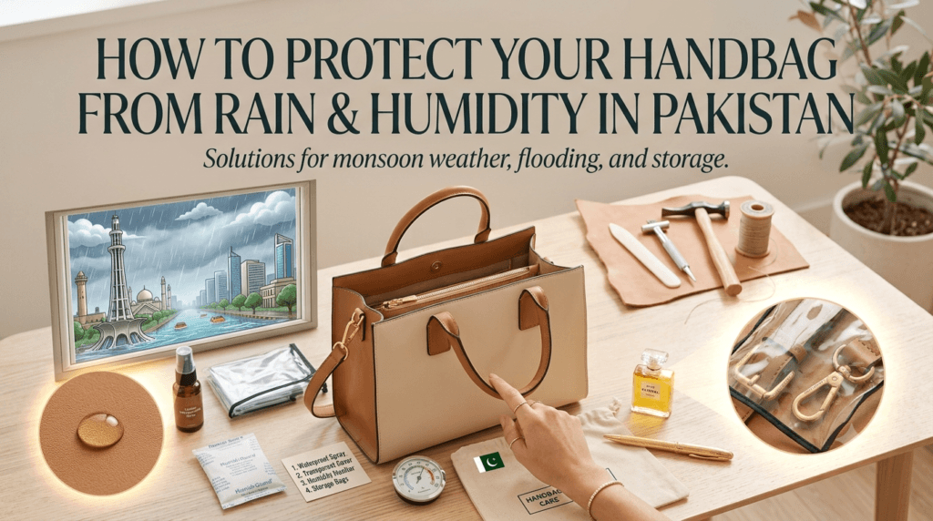 handbag care tips, protect handbag from rain, monsoon bag care pakistan, leather bag humidity protection, bagoya care guide, how to dry wet handbag