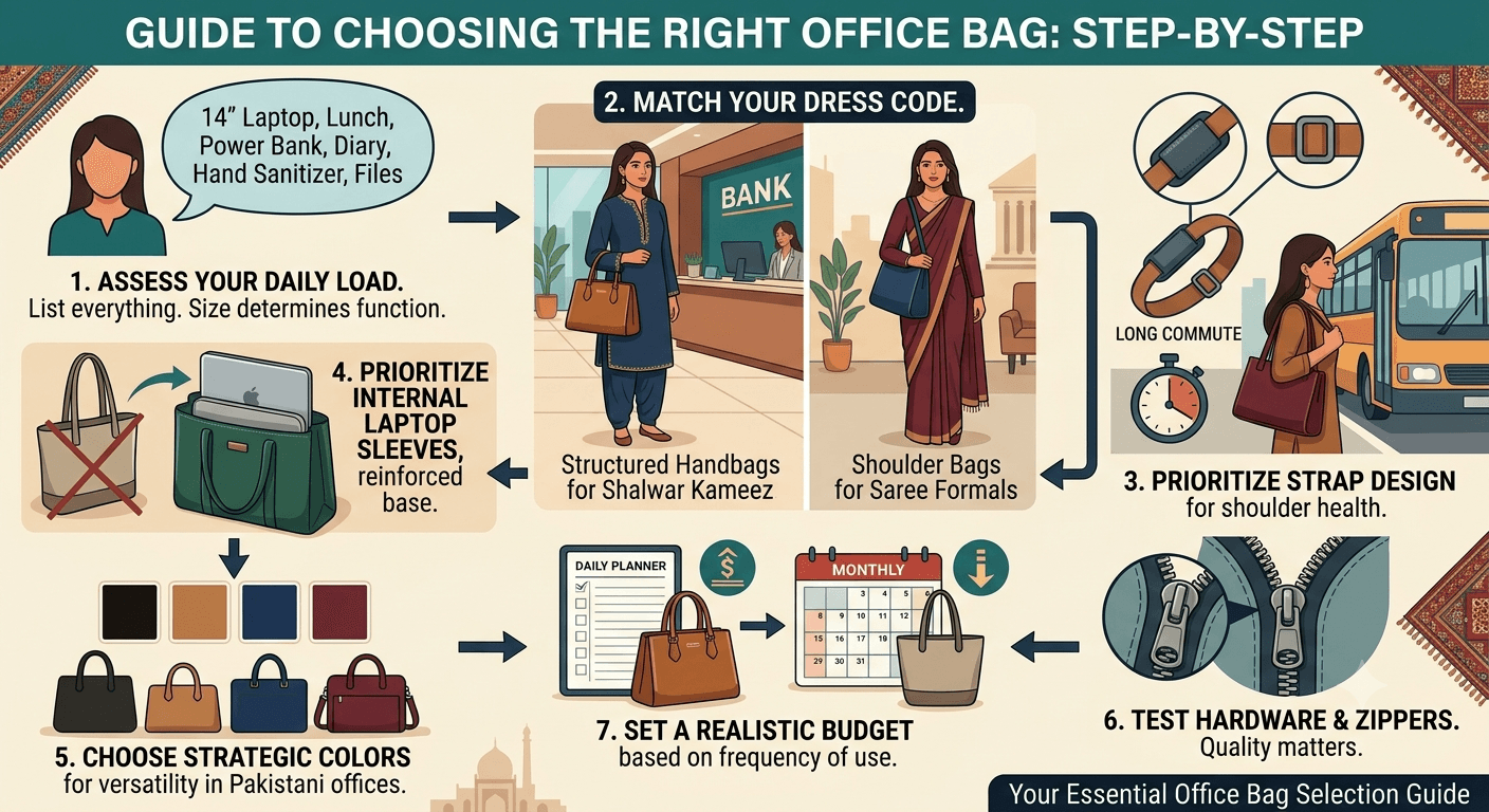 Step-by-step infographic guide to choosing the right office bag for Pakistani working women
