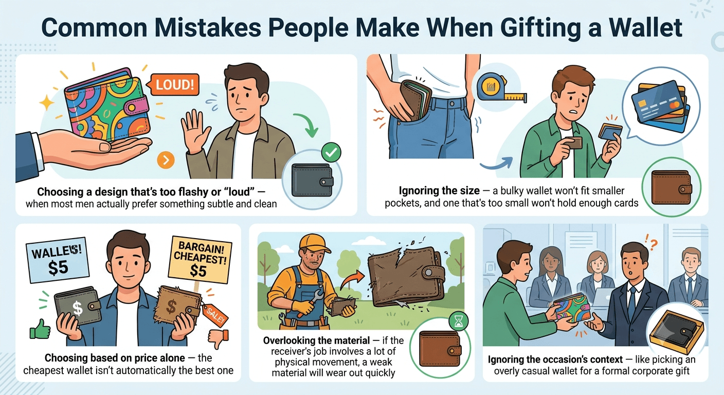 Common mistakes people make when gifting a wallet: too flashy design, ignoring size, choosing on price alone, overlooking material, ignoring the occasion's context