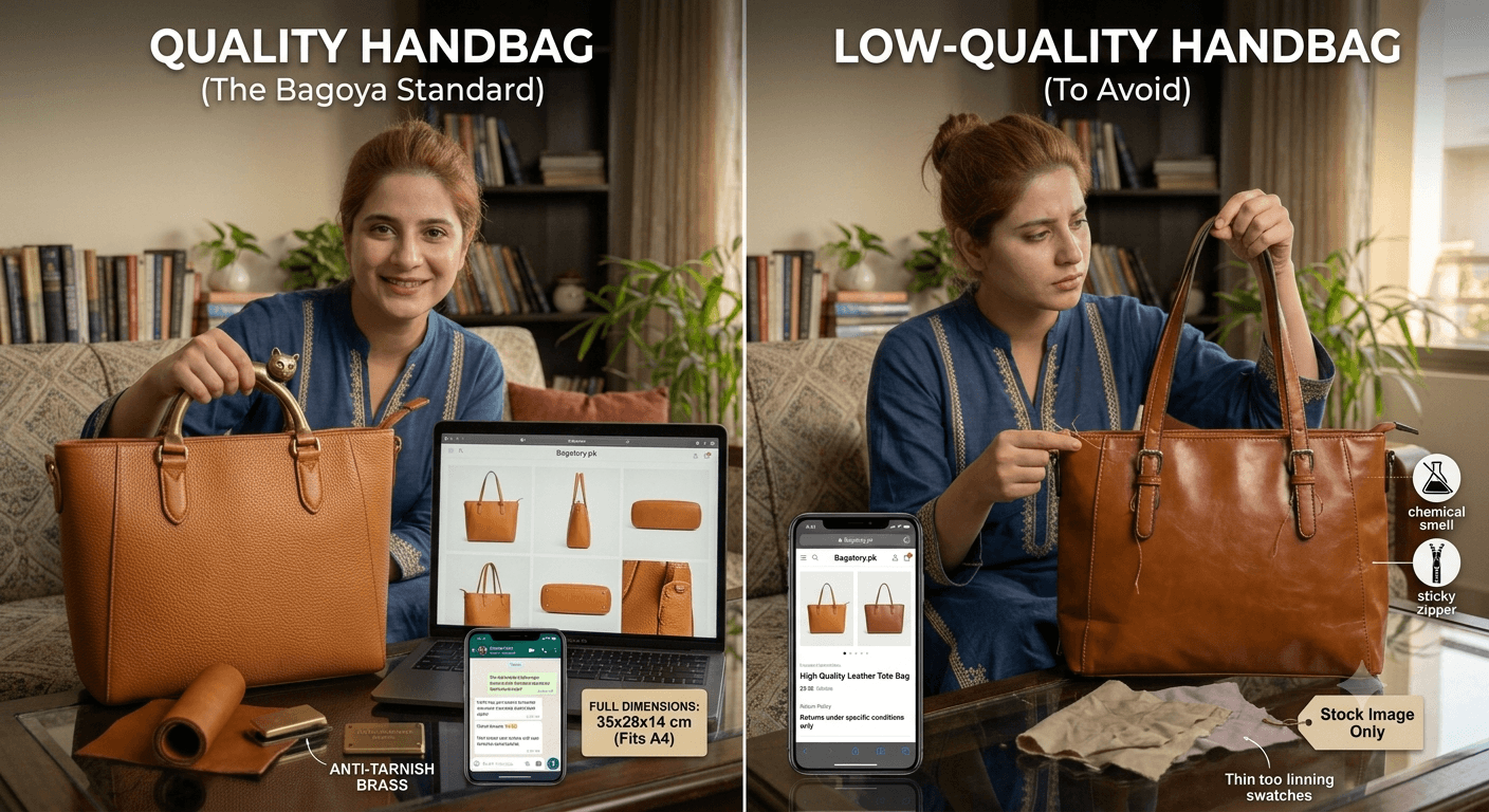 Side by side comparison of a quality handbag with anti-tarnish brass hardware and full dimensions versus a low-quality handbag with chemical smell and sticky zipper