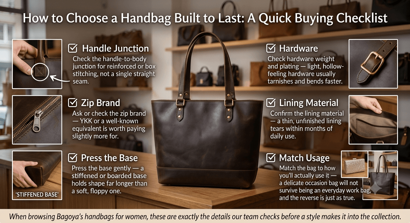Infographic checklist showing five things to check before buying a durable handbag: the handle-to-body junction stitching, zip brand, hardware weight and plating, lining material, and matching the bag to how it will be used
