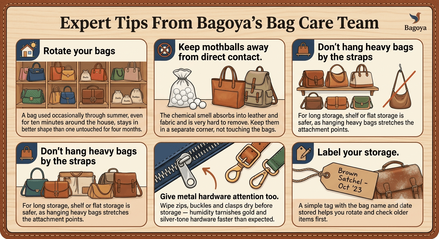 Bags stored the wrong way during summer, showing mold, plastic bags and clutter that lead to damage