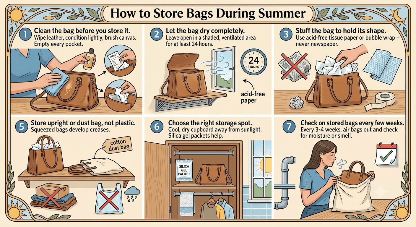 Infographic of expert tips from Bagoya's bag care team: rotate your bags, keep mothballs away from direct contact, don't hang heavy bags by the straps, give metal hardware attention, and label your storage