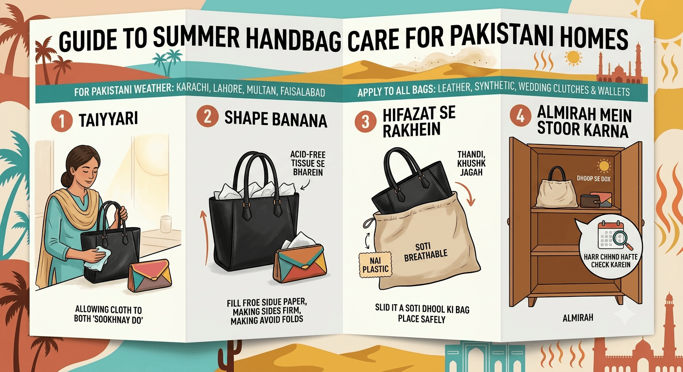 Infographic showing the 7 steps to store bags during summer: clean, dry, stuff, dust bag, upright storage, right spot, and periodic checks