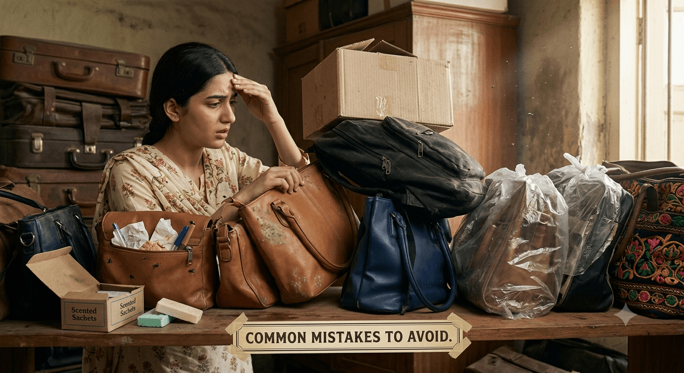 Guide to summer handbag care for Pakistani homes covering taiyyari, shape banana, hifazat se rakhein and almirah mein stoor karna for leather, synthetic, wedding clutches and wallets